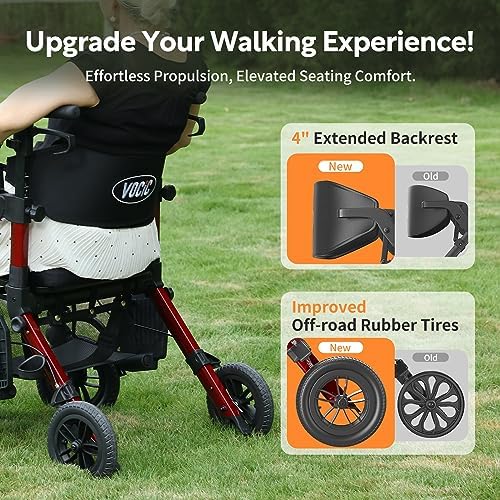 VOCIC 2in1 Rollstuhl & Rollator, faltbar & leicht mit Sitz, Outdoor Gummireifen, Netztasche, Aluminium Gehhilfe, Rot
