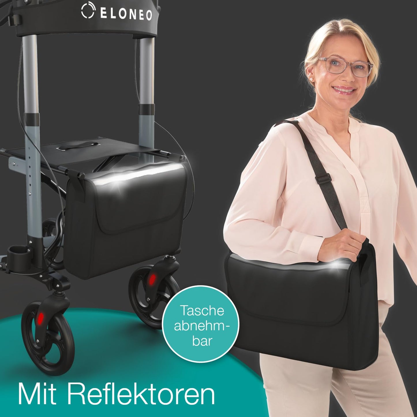 ELONEO Rollator faltbar & leicht mit Sitz, Aluminium Leichtgewicht, 8-fach höhenverstellbar, 3-fach faltbar, Tasche & Schirmhalter, Anthrazit