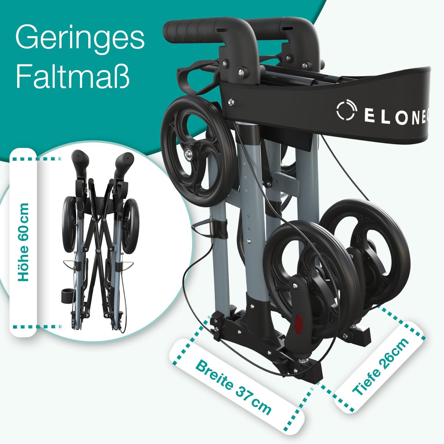 ELONEO Rollator faltbar & leicht mit Sitz, Aluminium Leichtgewicht, 8-fach höhenverstellbar, 3-fach faltbar, Tasche & Schirmhalter, Anthrazit