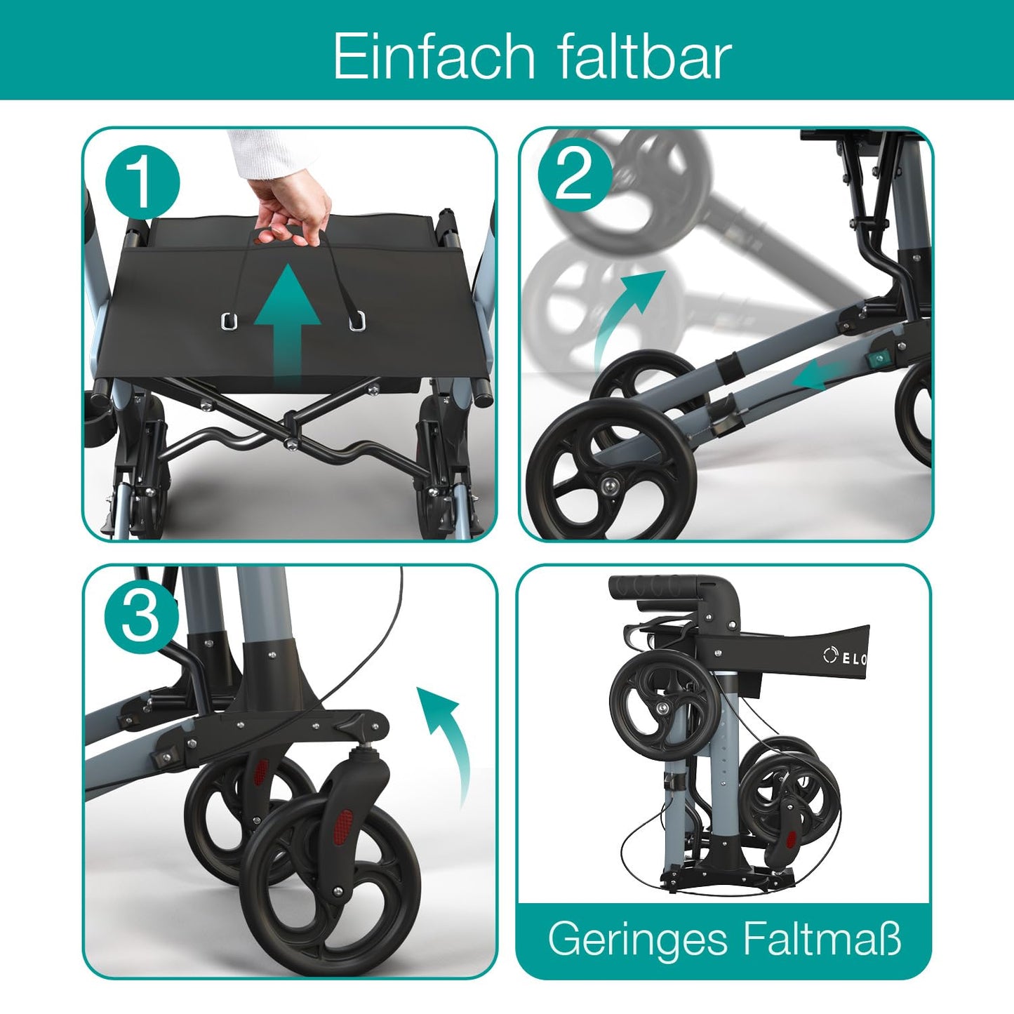 ELONEO Rollator faltbar & leicht mit Sitz, Aluminium Leichtgewicht, 8-fach höhenverstellbar, 3-fach faltbar, Tasche & Schirmhalter, Anthrazit
