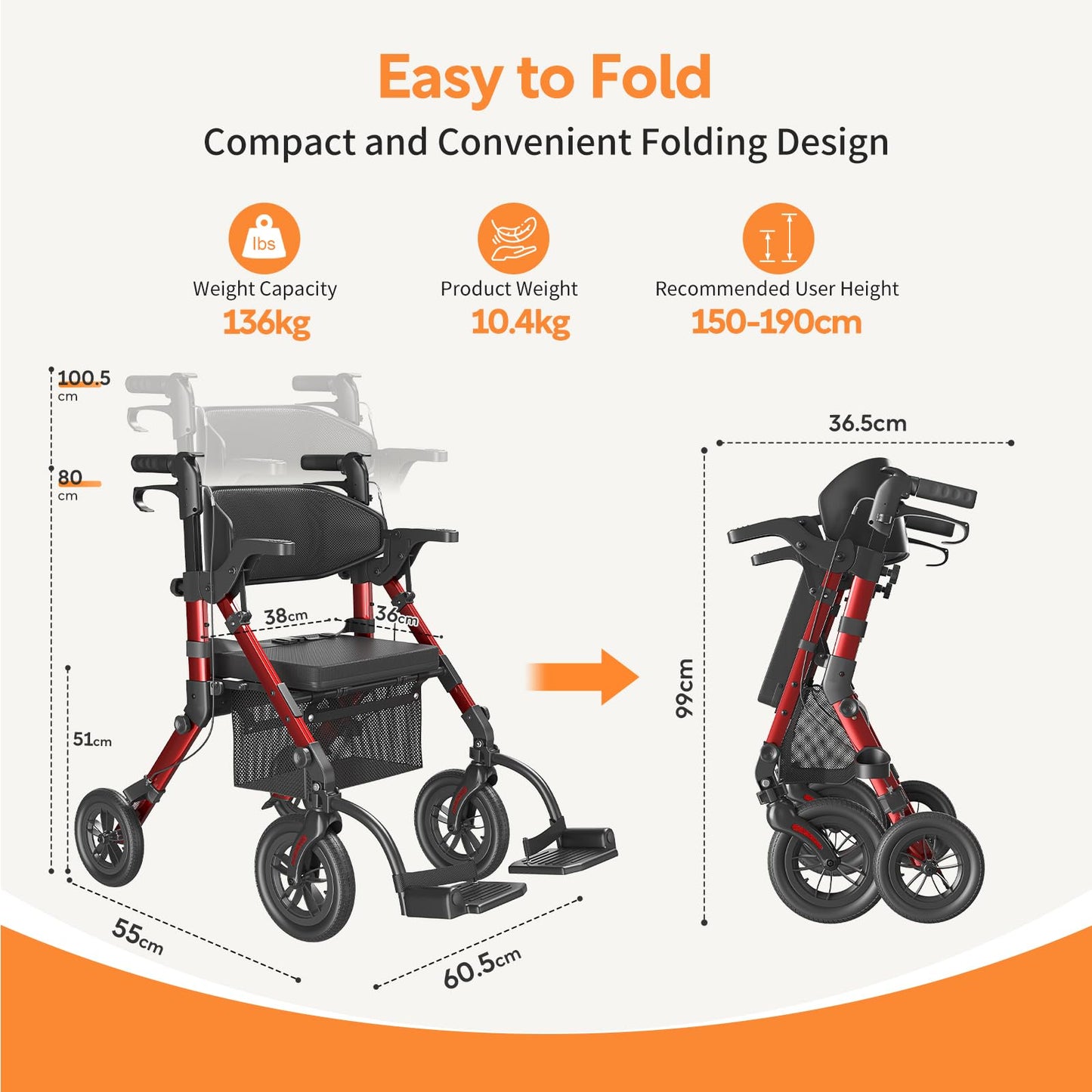 VOCIC 2in1 Rollstuhl & Rollator, faltbar & leicht mit Sitz, Outdoor Gummireifen, Netztasche, Aluminium Gehhilfe, Rot