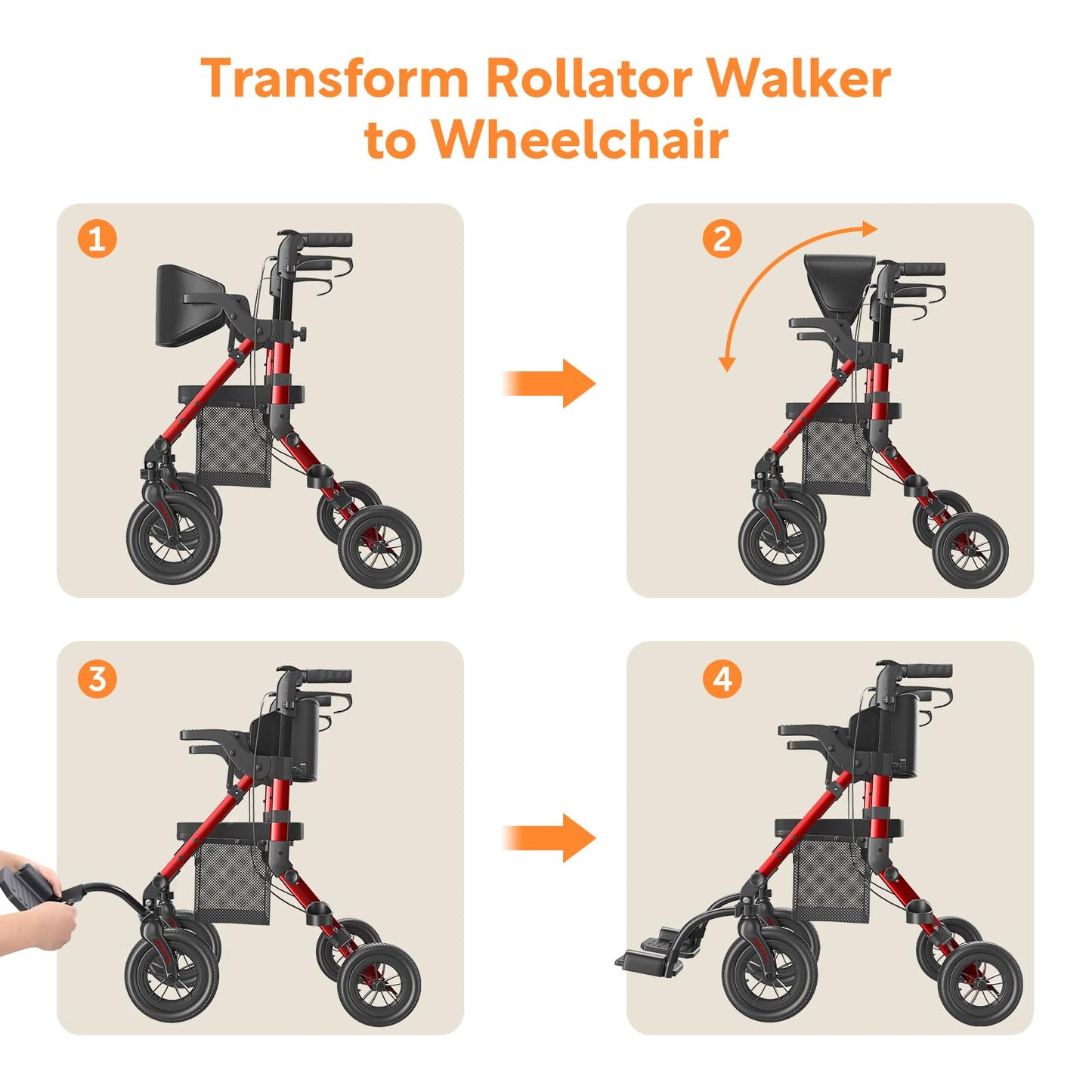 VOCIC 2in1 Rollstuhl & Rollator, faltbar & leicht mit Sitz, Outdoor Gummireifen, Netztasche, Aluminium Gehhilfe, Rot
