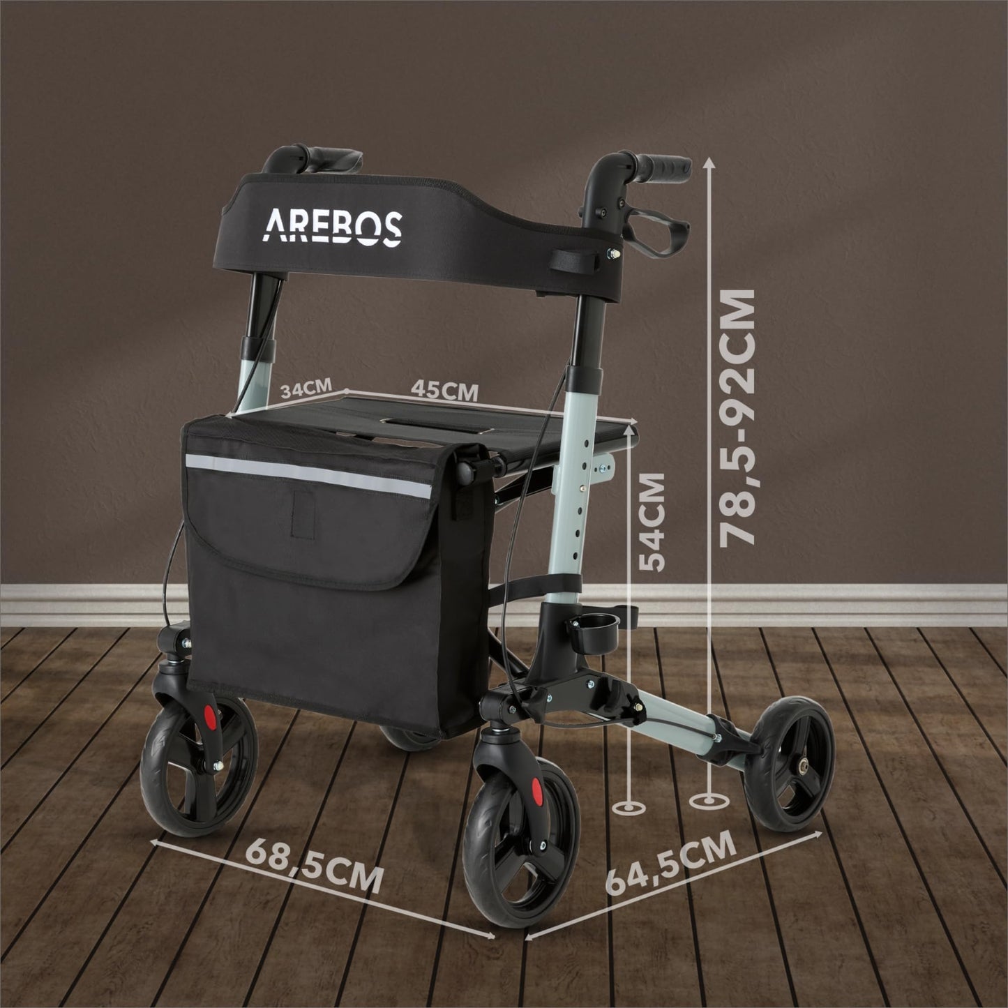 Arebos Leichtgewicht Rollator Aluminium, faltbar & 6-fach höhenverstellbar, mit Stockhalter & Tasche, Schwarz