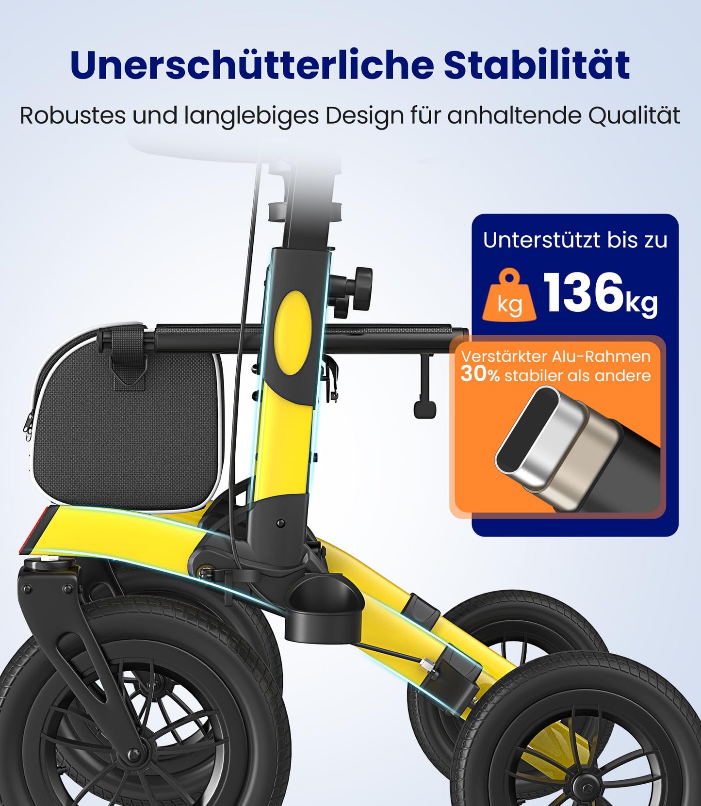 VOCIC Rollator faltbar & leicht mit Sitz, Outdoor Gummi-Bereifung für alle Gelände, Aluminium höhenverstellbar, Gelb