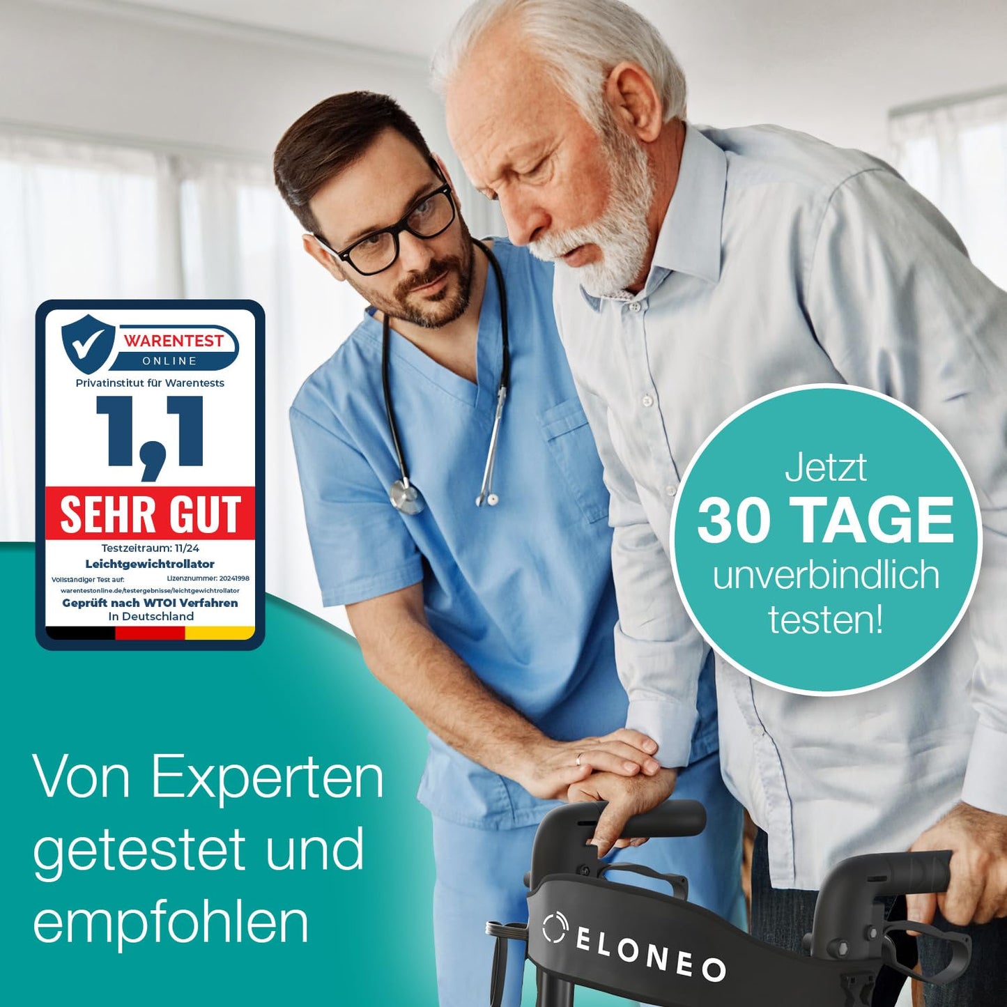 ELONEO Rollator faltbar & leicht mit Sitz, Aluminium Leichtgewicht, 8-fach höhenverstellbar, 3-fach faltbar, Tasche & Schirmhalter, Anthrazit