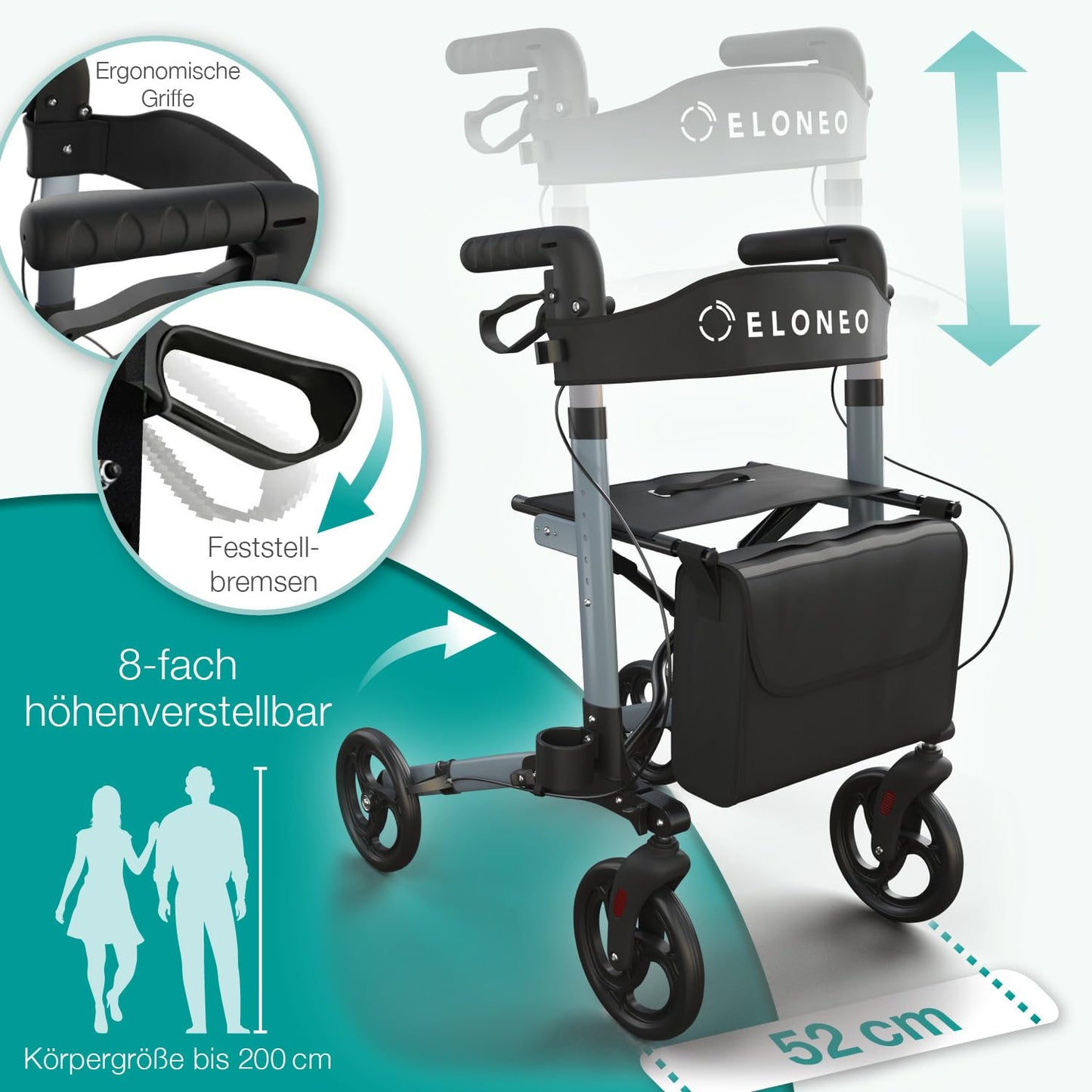 ELONEO Rollator faltbar & leicht mit Sitz, Aluminium Leichtgewicht, 8-fach höhenverstellbar, 3-fach faltbar, Tasche & Schirmhalter, Anthrazit