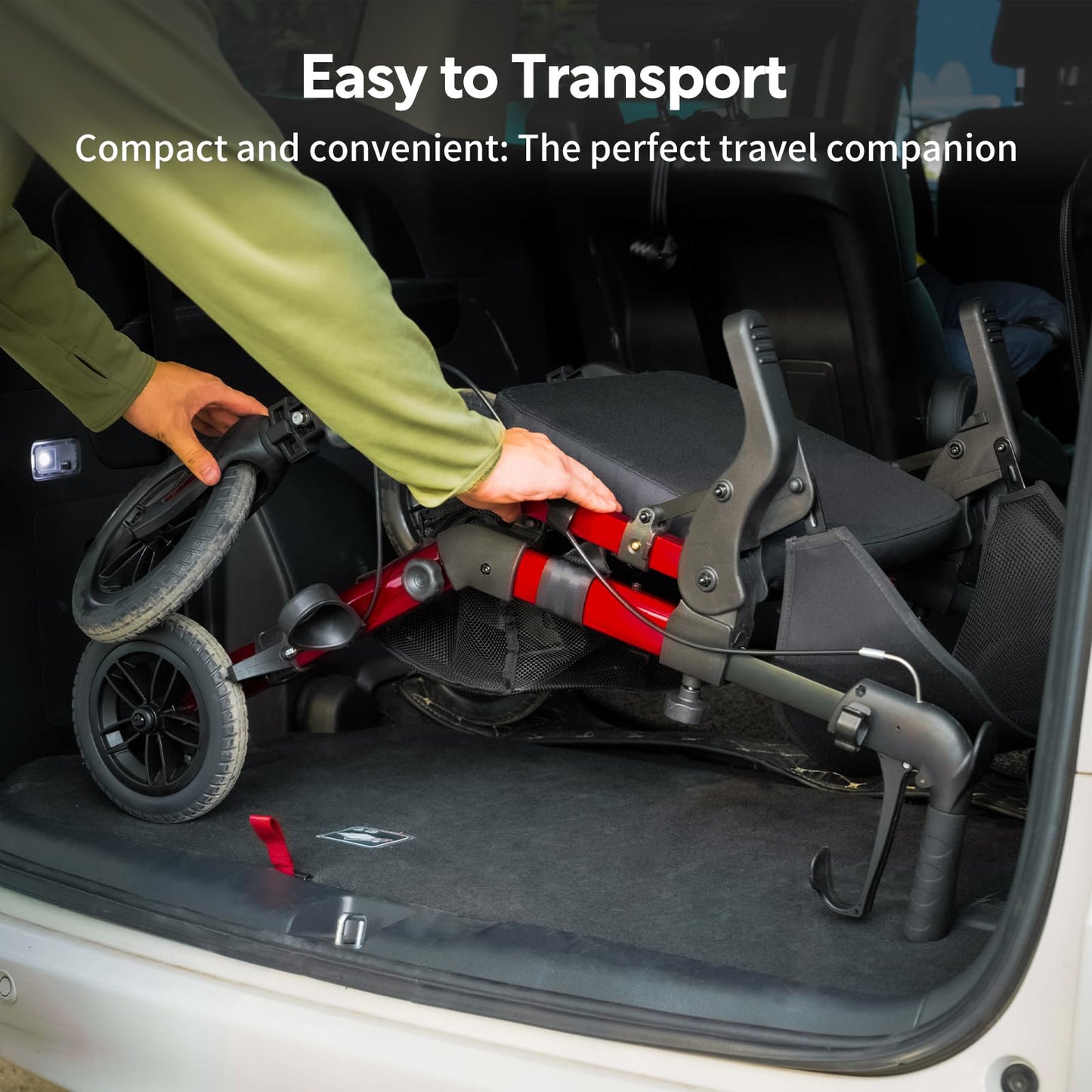 VOCIC 2in1 Rollstuhl & Rollator, faltbar & leicht mit Sitz, Outdoor Gummireifen, Netztasche, Aluminium Gehhilfe, Rot