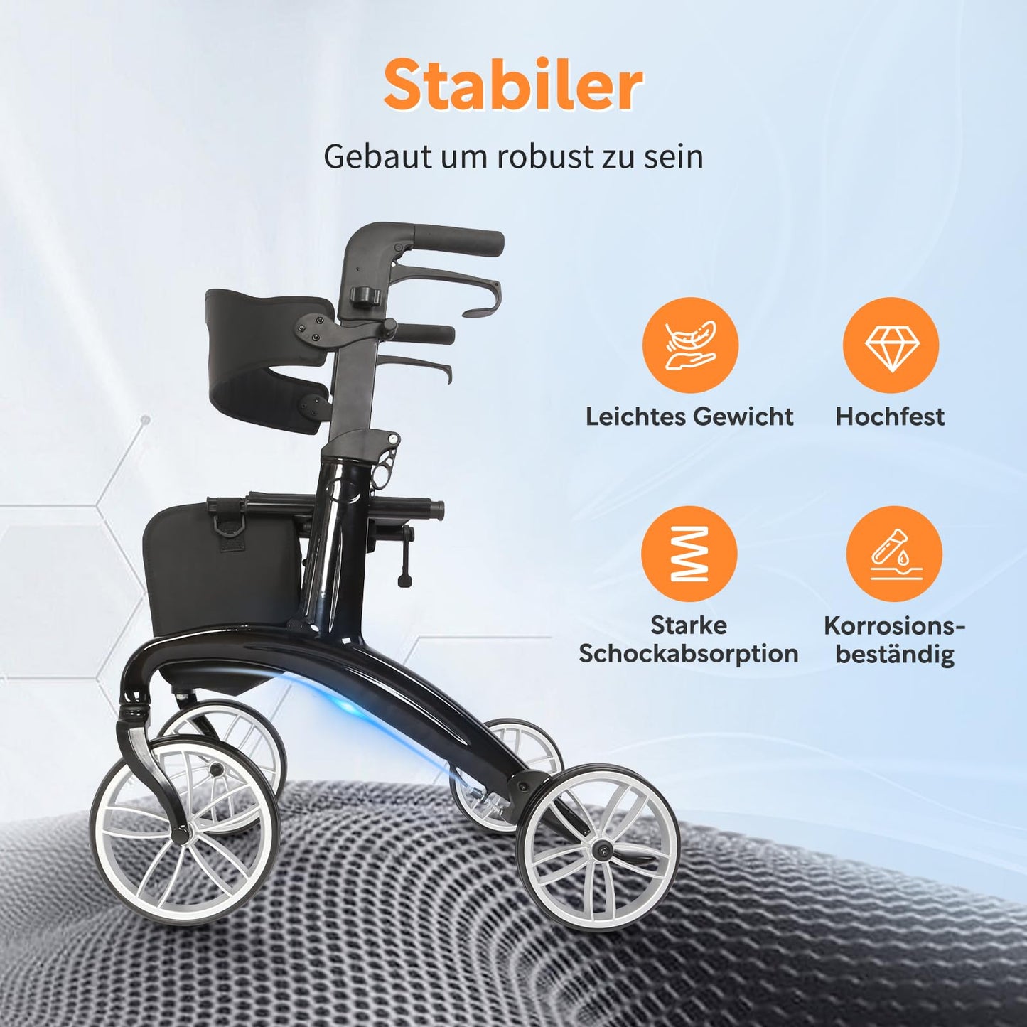 VOCIC Carbon Rollator, faltbar & superleicht (6,4kg) mit Sitz, Rückengurt & Netztasche, Indoor/Outdoor für Senioren, Schwarz