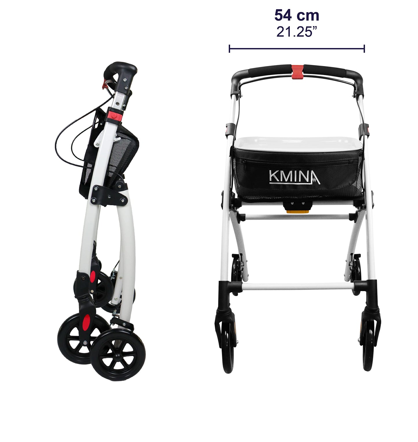 KMINA PRO Rollator, schmal & faltbar für Senioren, Indoor, mit Tablett, kompakt & leicht, Schwarz