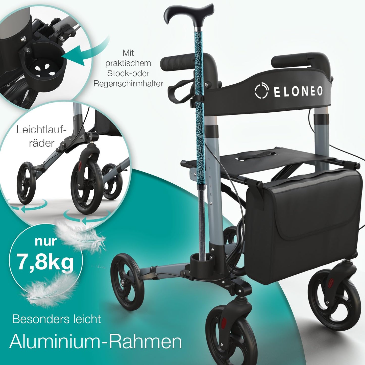 ELONEO Rollator faltbar & leicht mit Sitz, Aluminium Leichtgewicht, 8-fach höhenverstellbar, 3-fach faltbar, Tasche & Schirmhalter, Anthrazit