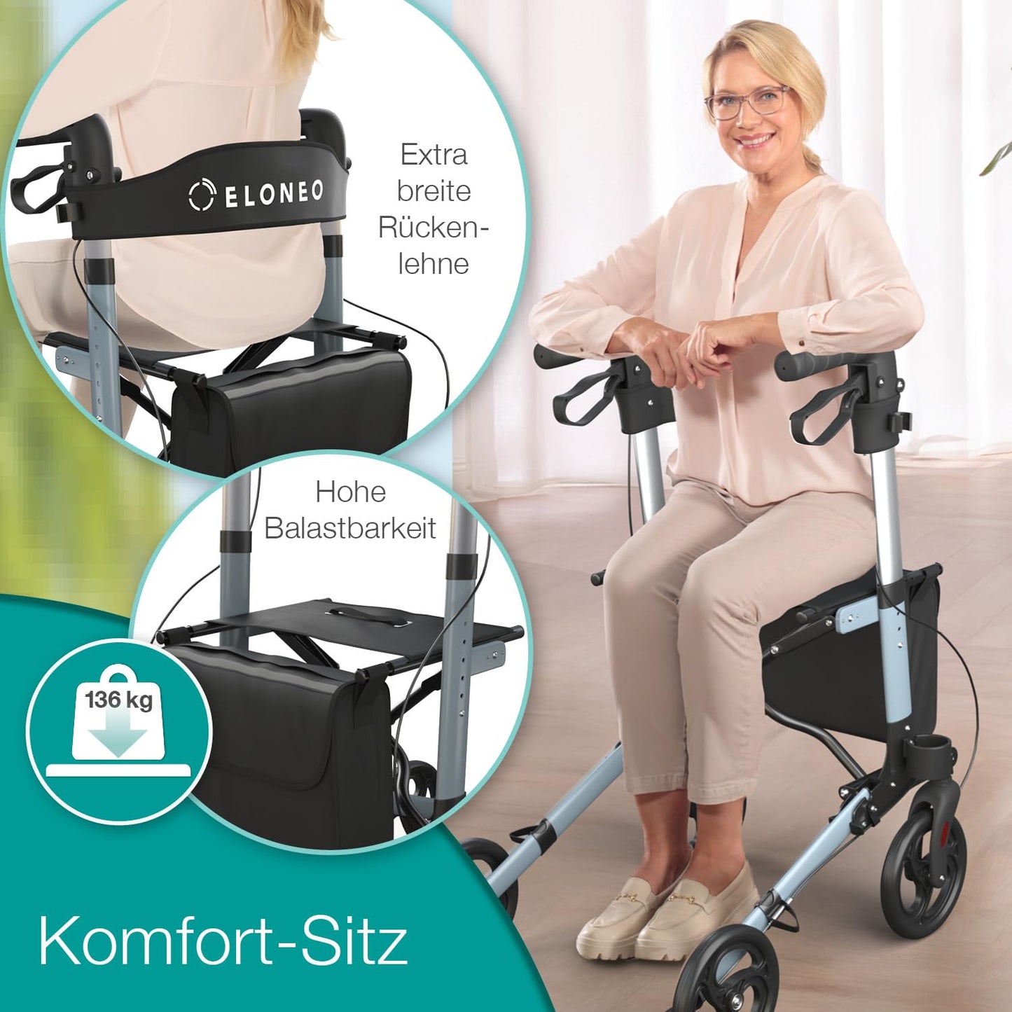 ELONEO Rollator faltbar & leicht mit Sitz, Aluminium Leichtgewicht, 8-fach höhenverstellbar, 3-fach faltbar, Tasche & Schirmhalter, Anthrazit