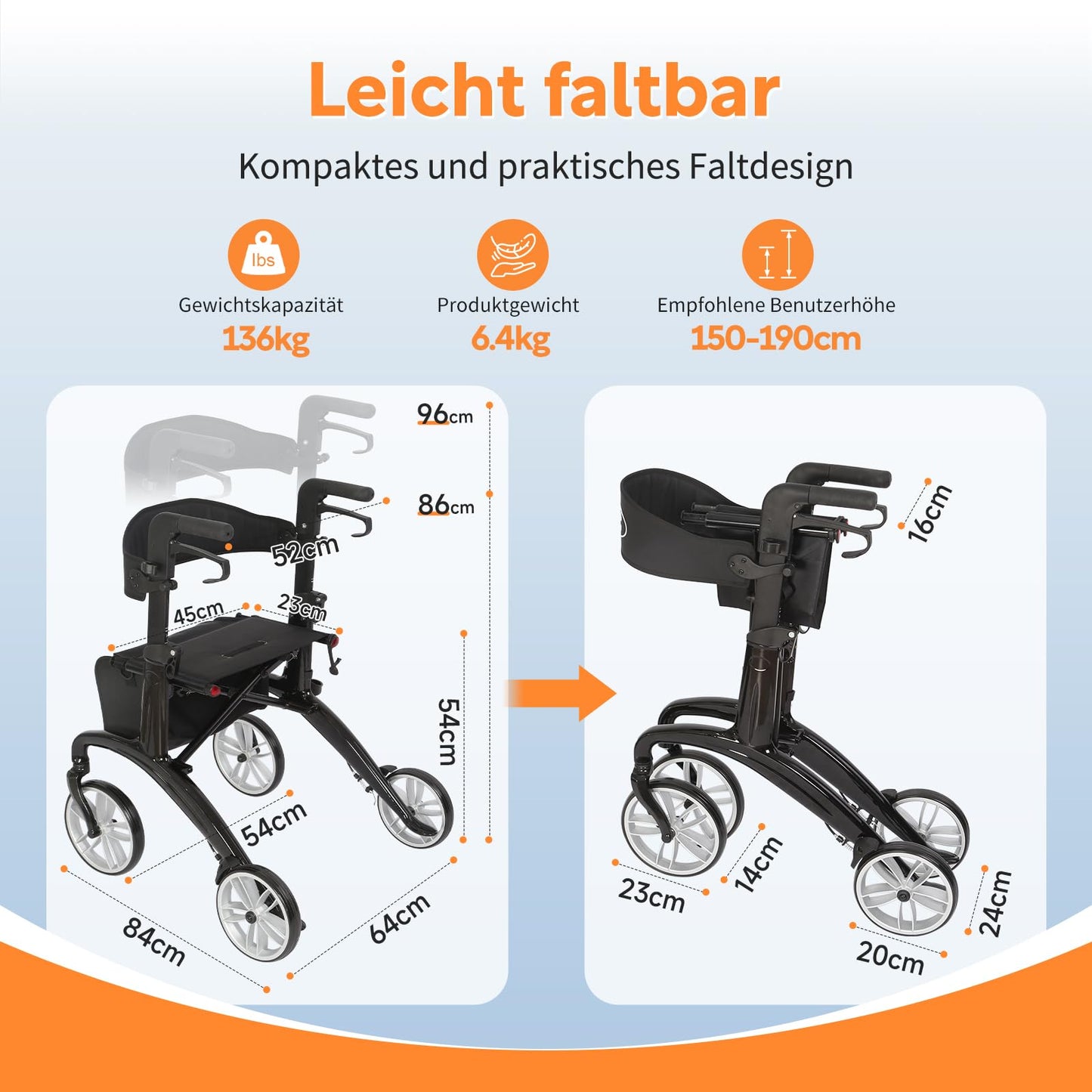 VOCIC Carbon Rollator, faltbar & superleicht (6,4kg) mit Sitz, Rückengurt & Netztasche, Indoor/Outdoor für Senioren, Schwarz