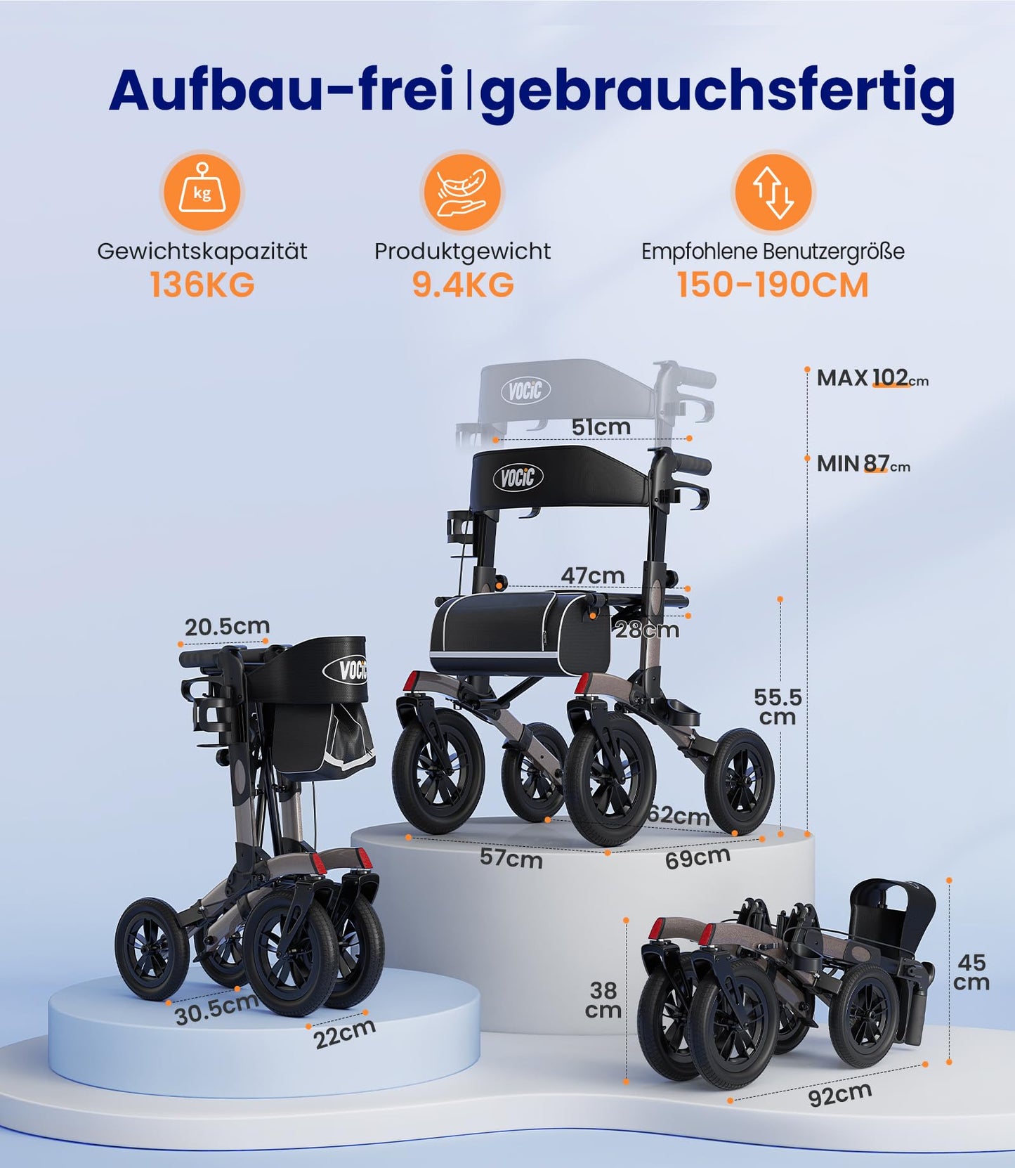 VOCIC Rollator faltbar & leicht mit Sitz, Outdoor Rollator mit Gummi-Bereifung, höhenverstellbar aus Aluminium, Grau