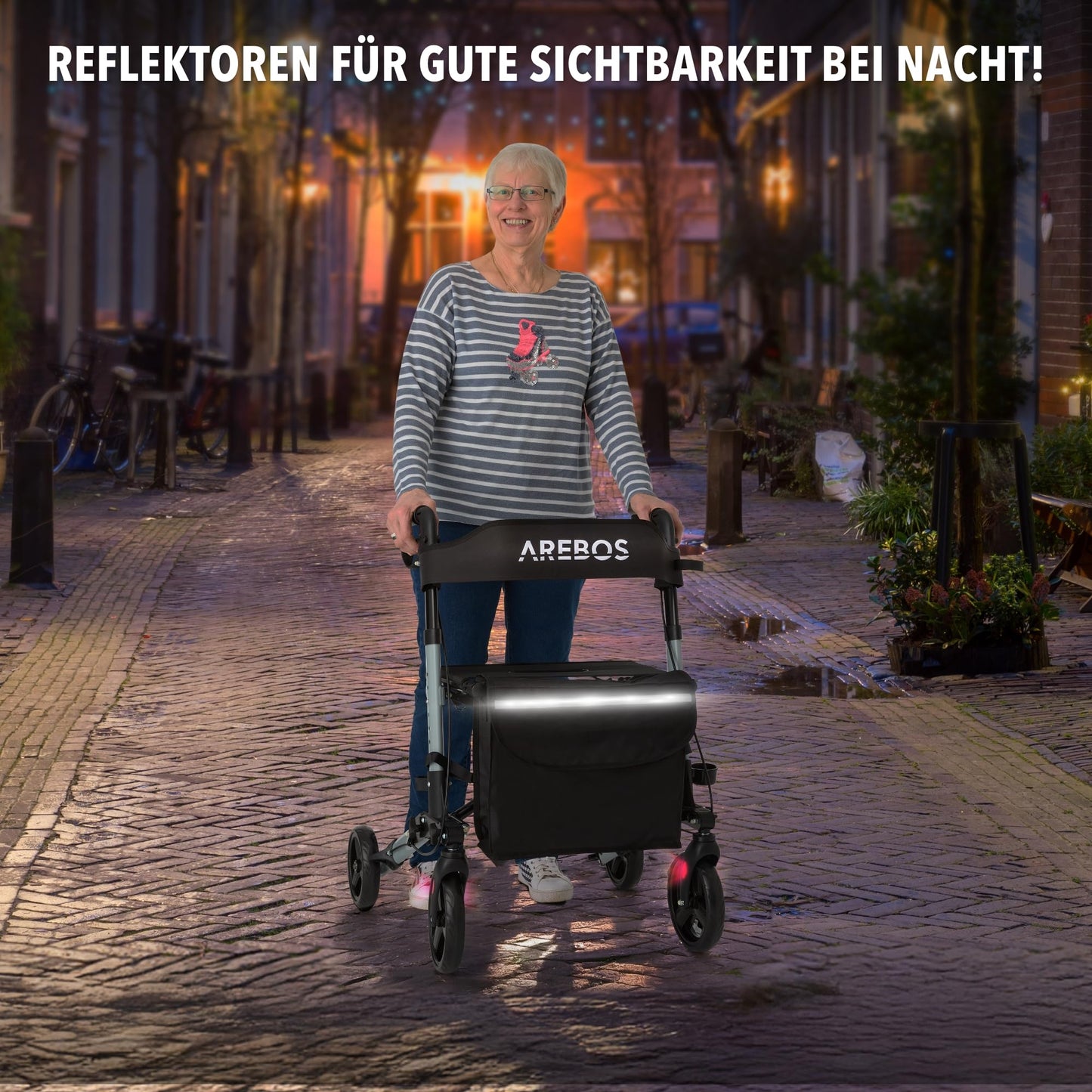 Arebos Leichtgewicht Rollator Aluminium, faltbar & 6-fach höhenverstellbar, mit Stockhalter & Tasche, Schwarz