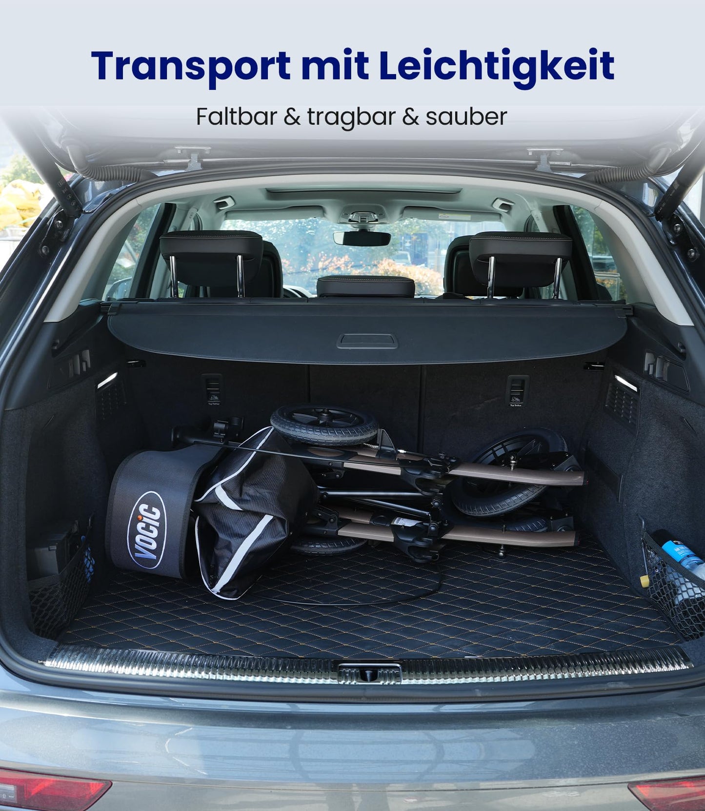 VOCIC Rollator faltbar & leicht mit Sitz, Outdoor Rollator mit Gummi-Bereifung, höhenverstellbar aus Aluminium, Grau