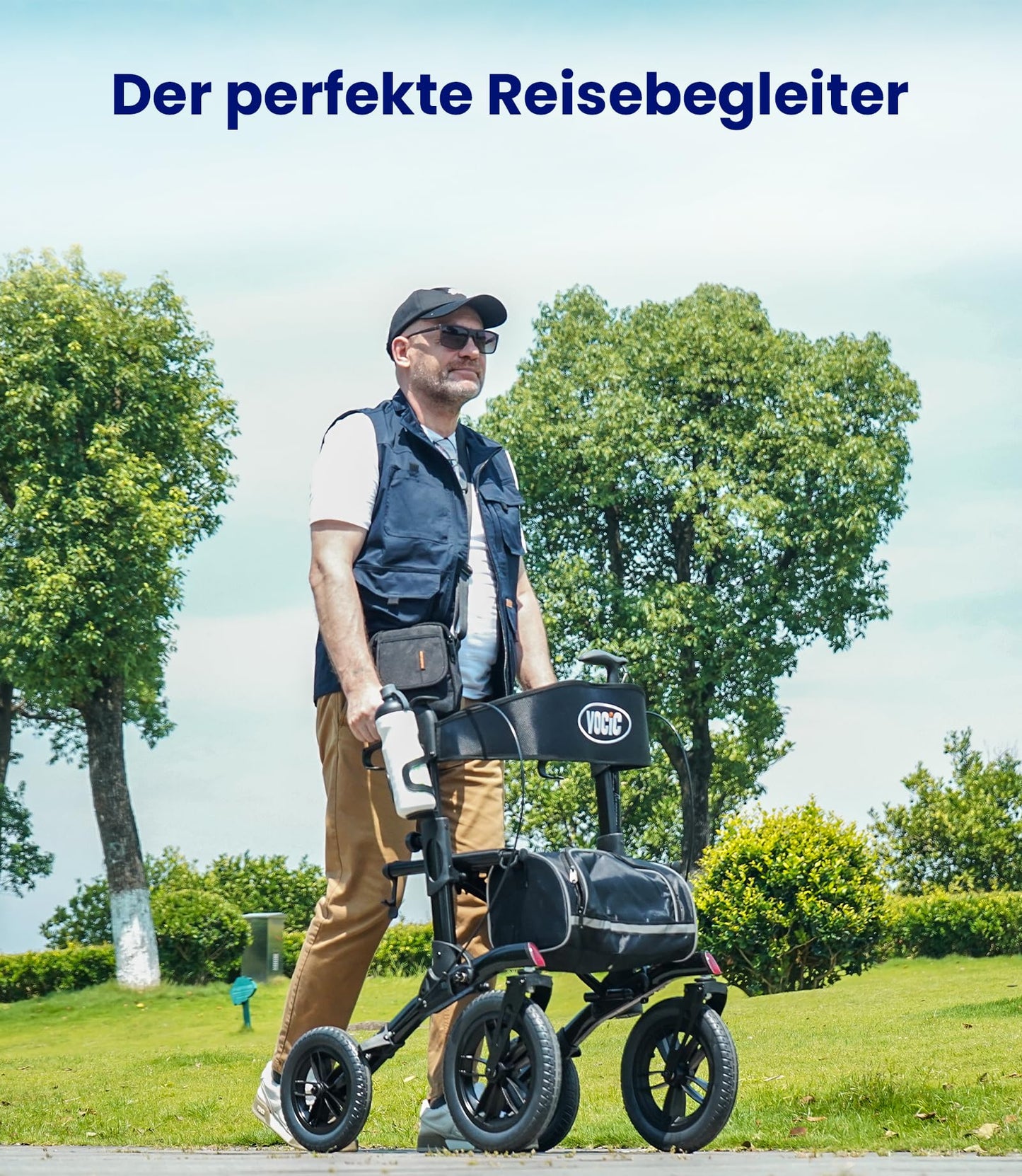 VOCIC Rollator faltbar & leicht mit Sitz, Outdoor Rollator mit Gummi-Bereifung, höhenverstellbar aus Aluminium, Grau