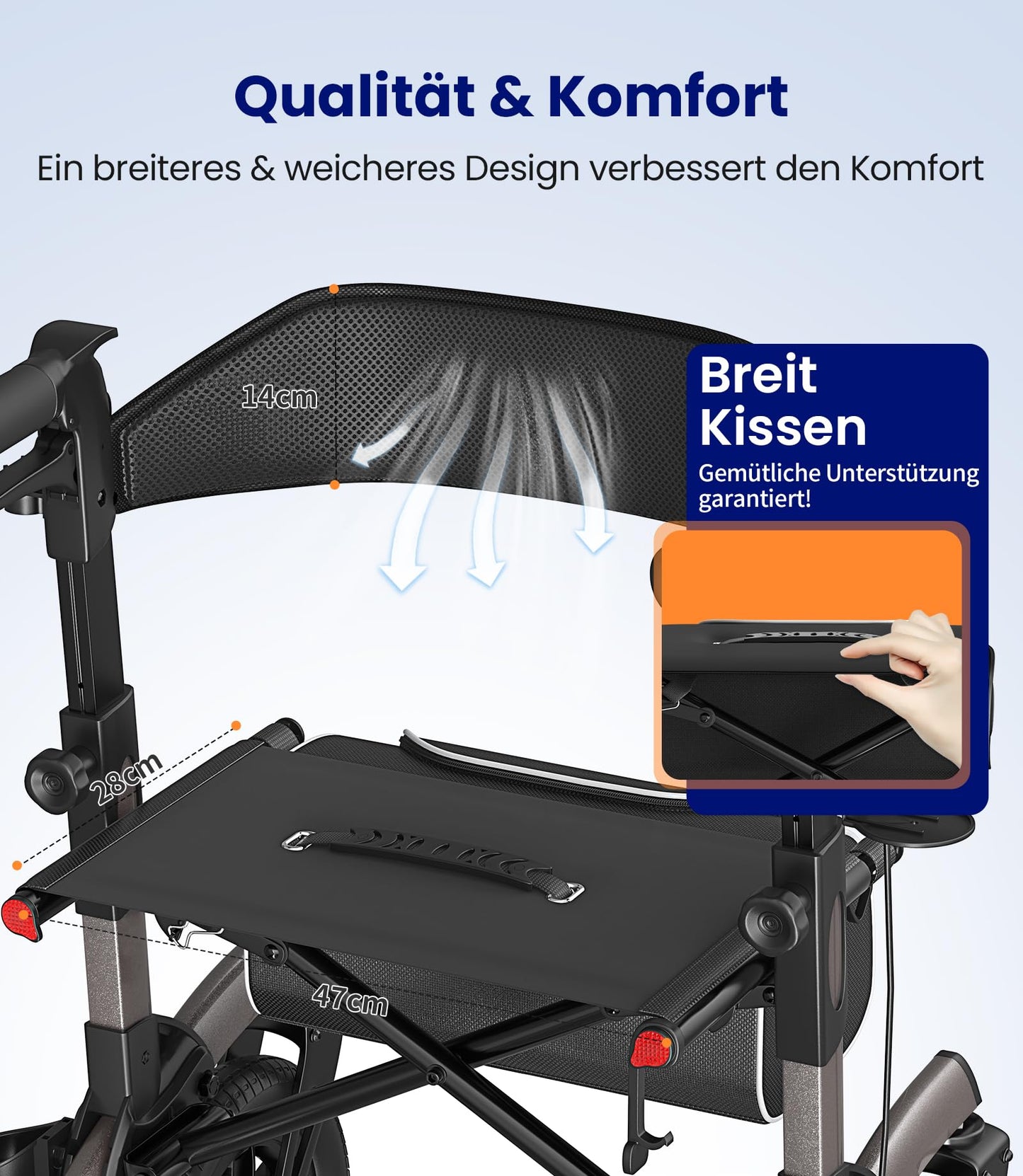 VOCIC Rollator faltbar & leicht mit Sitz, Outdoor Rollator mit Gummi-Bereifung, höhenverstellbar aus Aluminium, Grau