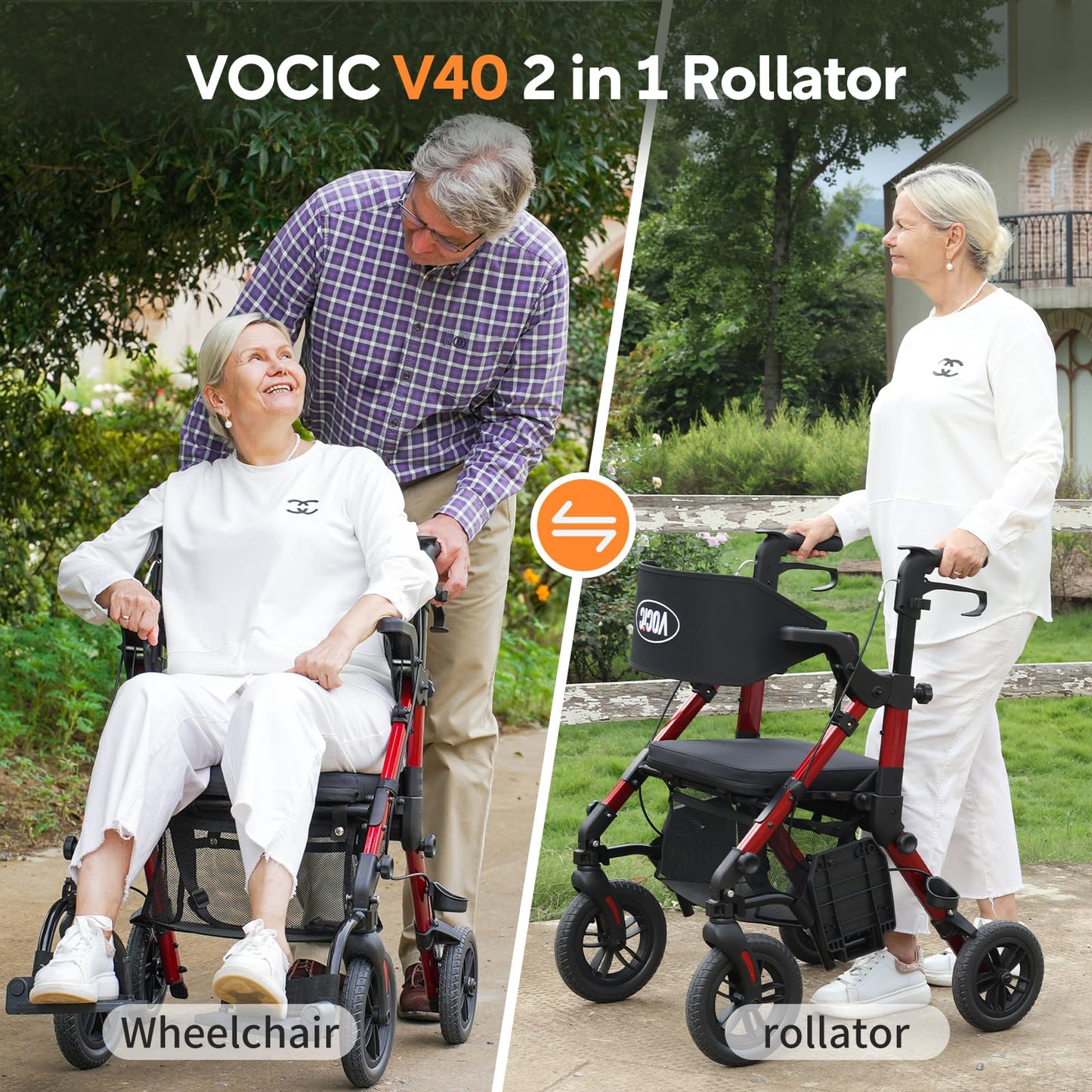 VOCIC 2in1 Rollstuhl & Rollator, faltbar & leicht mit Sitz, Outdoor Gummireifen, Netztasche, Aluminium Gehhilfe, Rot