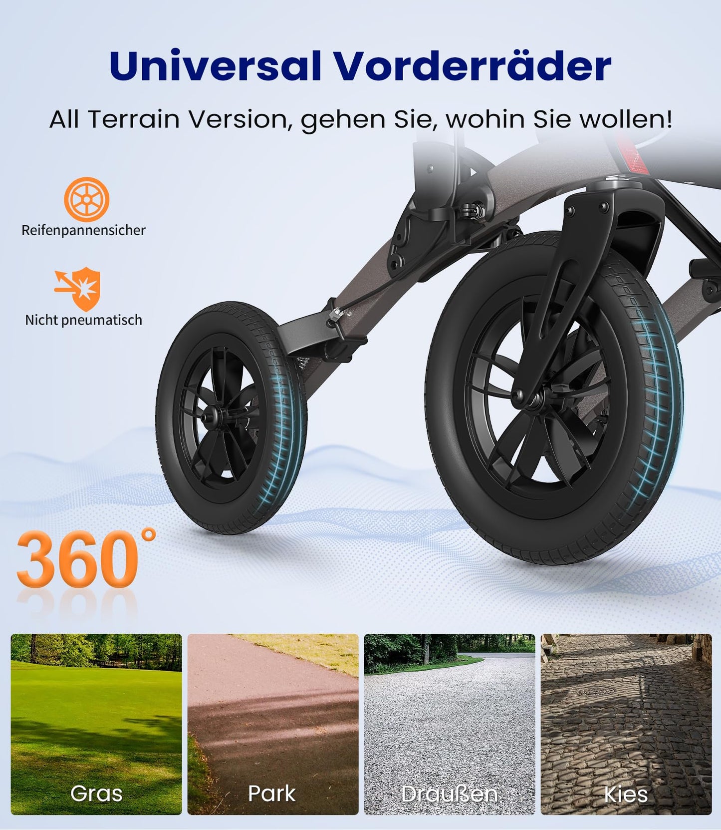 VOCIC Rollator faltbar & leicht mit Sitz, Outdoor Rollator mit Gummi-Bereifung, höhenverstellbar aus Aluminium, Grau