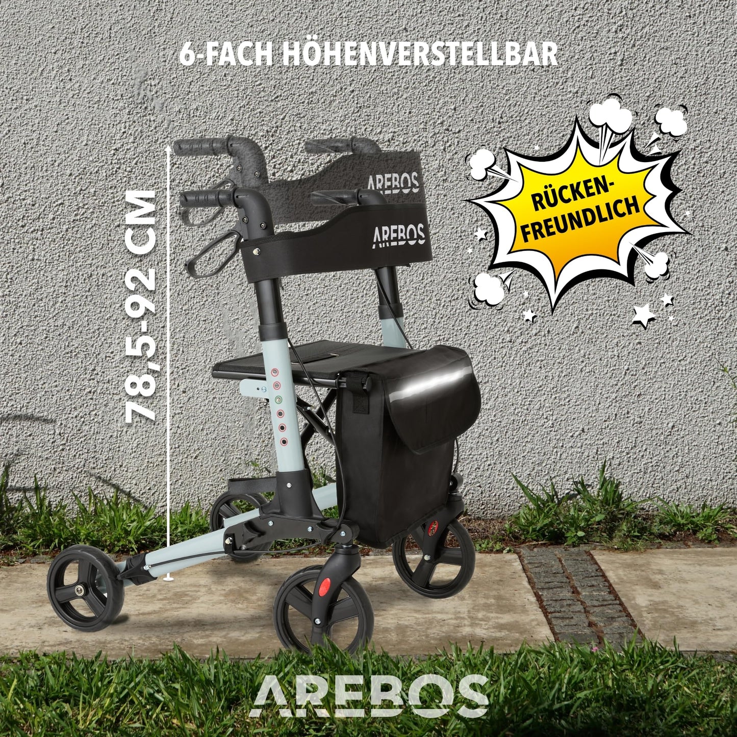 Arebos Leichtgewicht Rollator Aluminium, faltbar & 6-fach höhenverstellbar, mit Stockhalter & Tasche, Schwarz