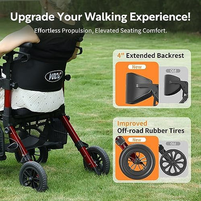 VOCIC 2in1 Rollstuhl & Rollator, faltbar & leicht mit Sitz, Outdoor Gummireifen, Netztasche, Aluminium Gehhilfe, Rot