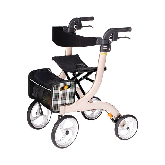 Drive Medical Rollator NITRO M, Champagner – Indoor/Outdoor, faltbar mit Netz, Stockhalter, Ankipphilfe, Rückenlehne & Griffe