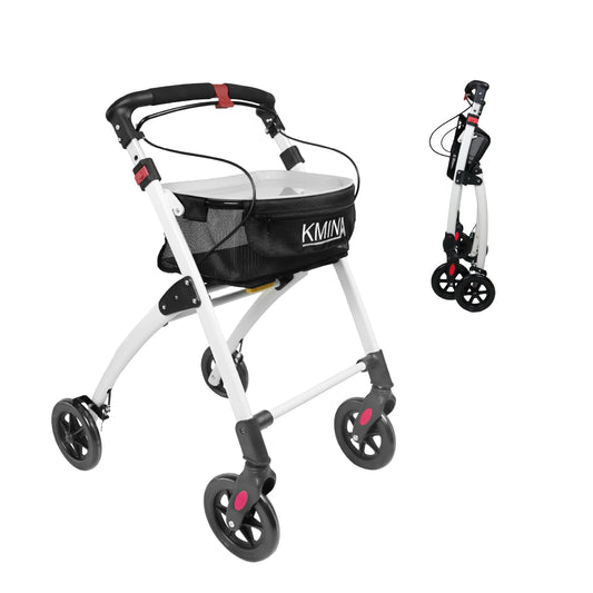 KMINA PRO Rollator, schmal & faltbar für Senioren, Indoor, mit Tablett, kompakt & leicht, Schwarz