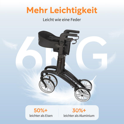 VOCIC Carbon Rollator, faltbar & superleicht (6,4kg) mit Sitz, Rückengurt & Netztasche, Indoor/Outdoor für Senioren, Schwarz