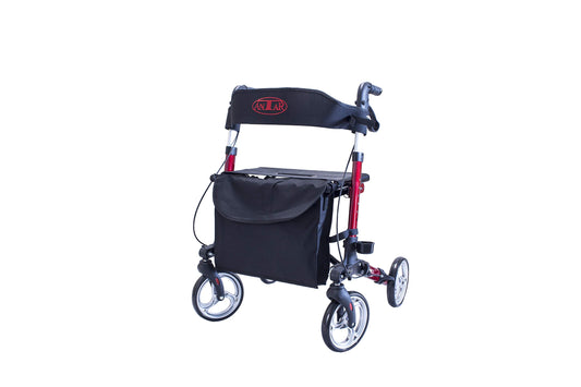 FabaCare Premium Alu-Rollator, leicht & 3-fach faltbar, höhenverstellbar, Vollausstattung für Reise & Flug, Rot