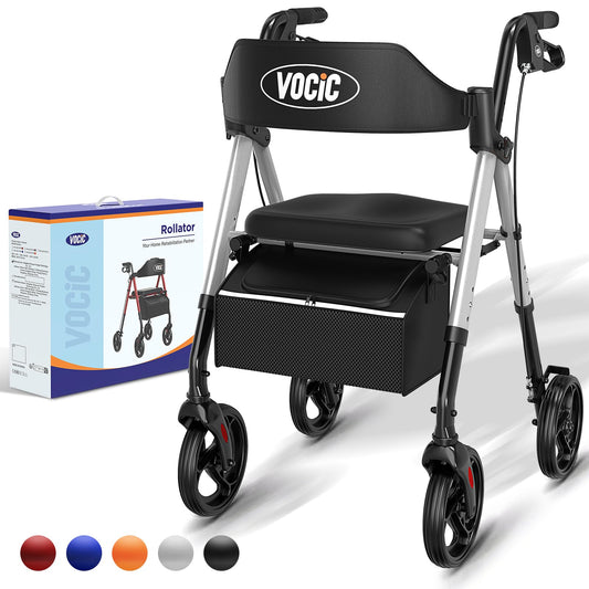 VOCIC Rollator faltbar, leicht & schmal, 20 cm Reifen, höhenverstellbarer Sitz & Griff, Sternensilber