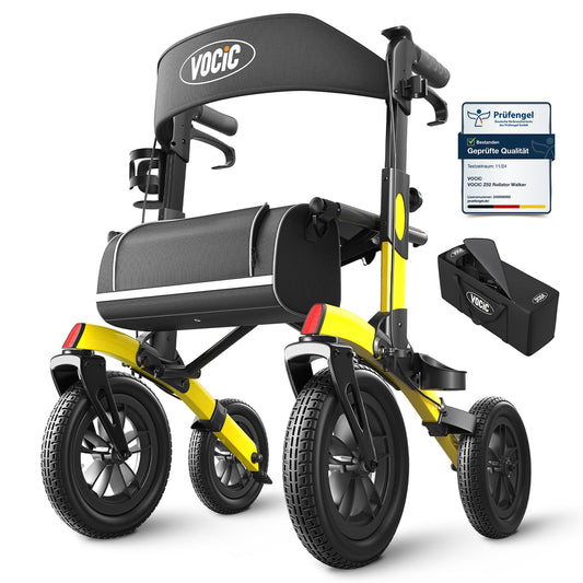 VOCIC Rollator faltbar & leicht mit Sitz, Outdoor Gummi-Bereifung für alle Gelände, Aluminium höhenverstellbar, Gelb