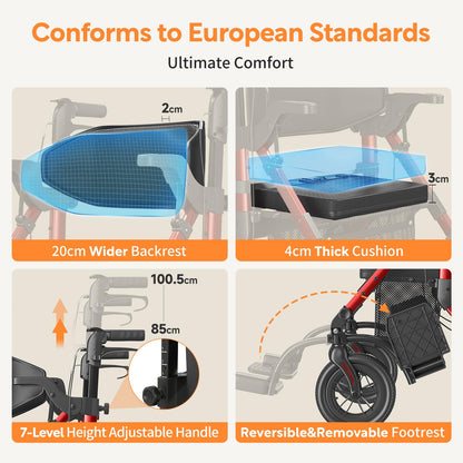 VOCIC 2in1 Rollstuhl & Rollator, faltbar & leicht mit Sitz, Outdoor Gummireifen, Netztasche, Aluminium Gehhilfe, Rot