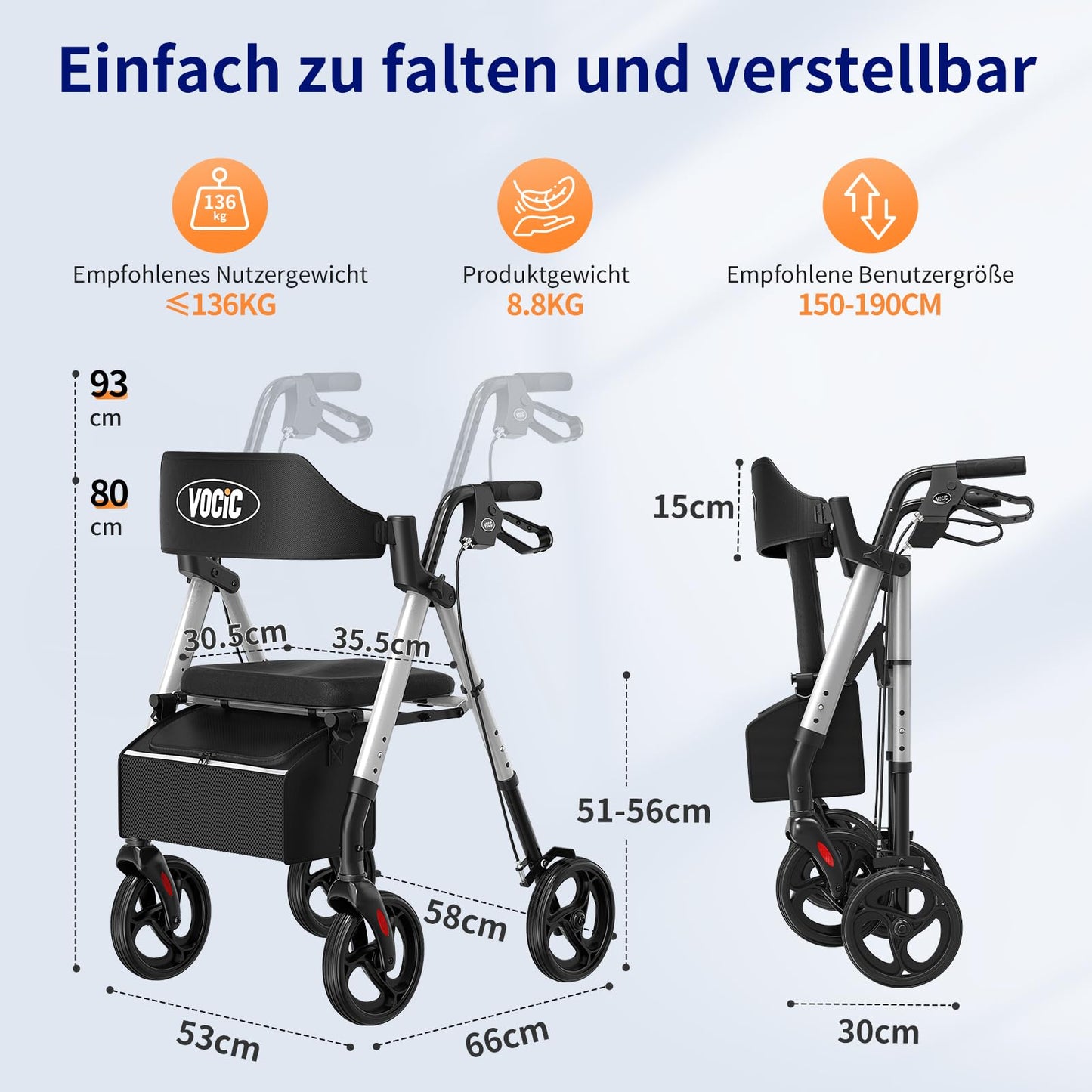 VOCIC Rollator faltbar, leicht & schmal, 20 cm Reifen, höhenverstellbarer Sitz & Griff, Sternensilber