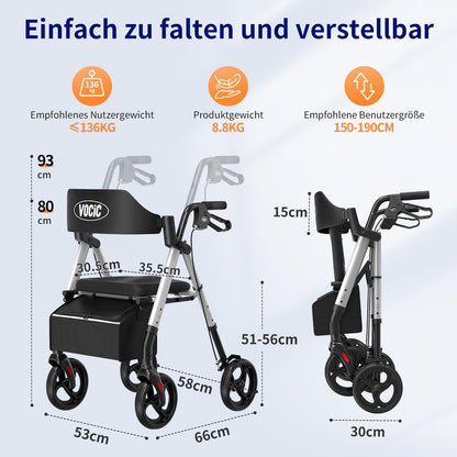 VOCIC Rollator faltbar, leicht & schmal, 20 cm Reifen, höhenverstellbarer Sitz & Griff, Sternensilber