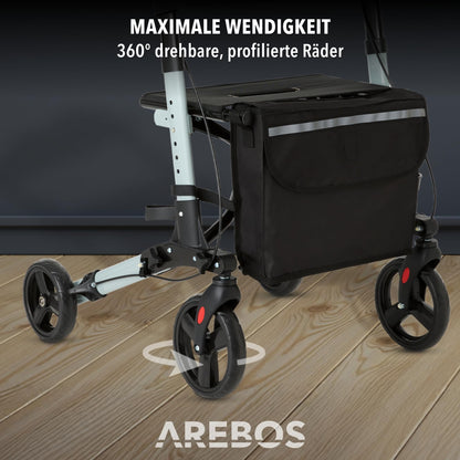 Arebos Leichtgewicht Rollator Aluminium, faltbar & 6-fach höhenverstellbar, mit Stockhalter & Tasche, Schwarz