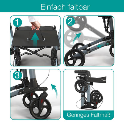 ELONEO Rollator faltbar & leicht mit Sitz, Aluminium Leichtgewicht, 8-fach höhenverstellbar, 3-fach faltbar, Tasche & Schirmhalter, Anthrazit