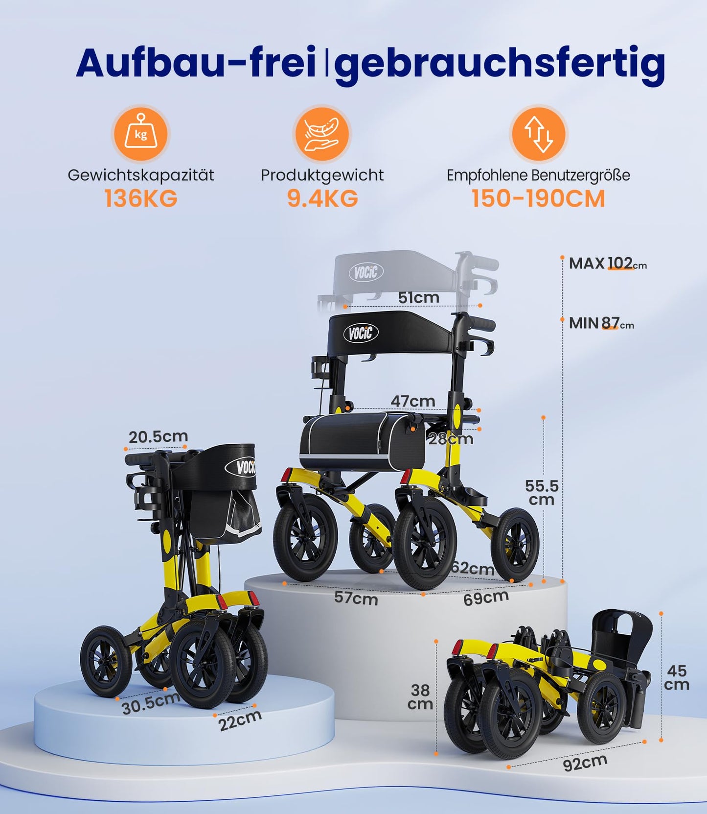 VOCIC Rollator faltbar & leicht mit Sitz, Outdoor Gummi-Bereifung für alle Gelände, Aluminium höhenverstellbar, Gelb