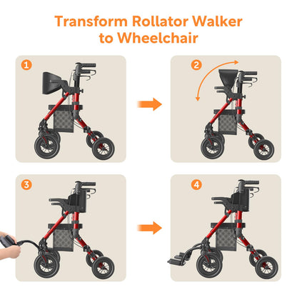 VOCIC 2in1 Rollstuhl & Rollator, faltbar & leicht mit Sitz, Outdoor Gummireifen, Netztasche, Aluminium Gehhilfe, Rot
