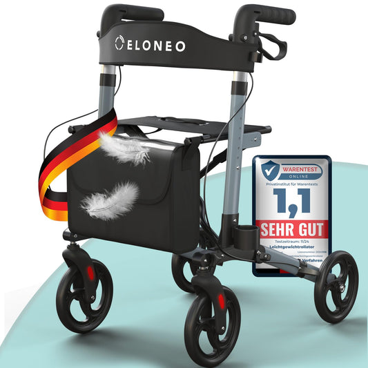 ELONEO Rollator faltbar & leicht mit Sitz, Aluminium Leichtgewicht, 8-fach höhenverstellbar, 3-fach faltbar, Tasche & Schirmhalter, Anthrazit