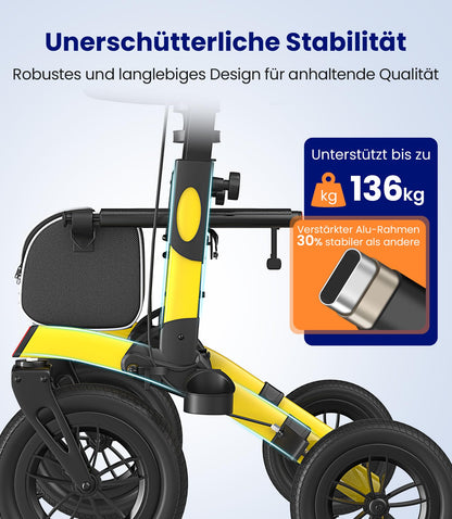 VOCIC Rollator faltbar & leicht mit Sitz, Outdoor Gummi-Bereifung für alle Gelände, Aluminium höhenverstellbar, Gelb