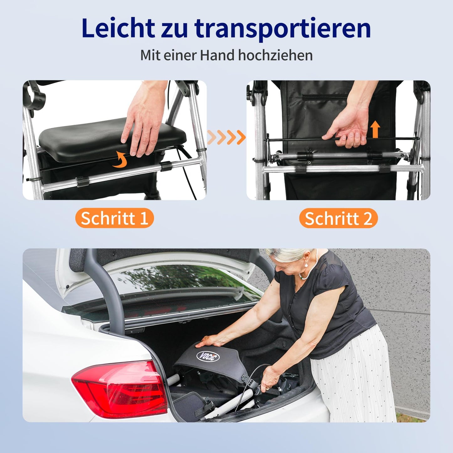 VOCIC Rollator faltbar, leicht & schmal, 20 cm Reifen, höhenverstellbarer Sitz & Griff, Sternensilber
