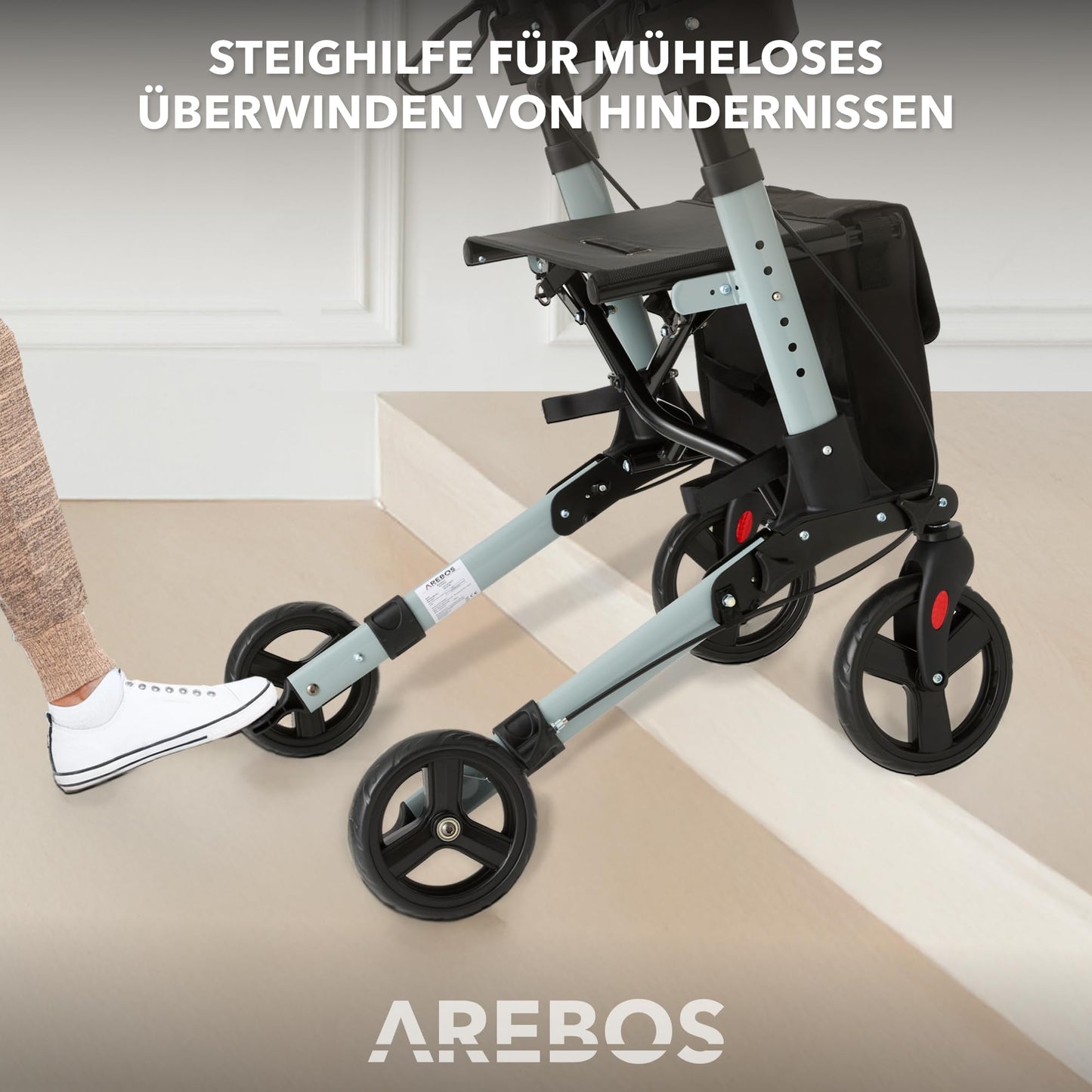 Arebos Leichtgewicht Rollator Aluminium, faltbar & 6-fach höhenverstellbar, mit Stockhalter & Tasche, Schwarz