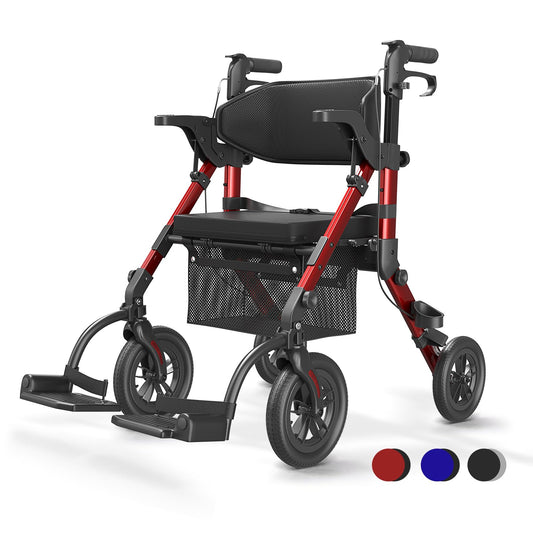 VOCIC 2in1 Rollstuhl & Rollator, faltbar & leicht mit Sitz, Outdoor Gummireifen, Netztasche, Aluminium Gehhilfe, Rot