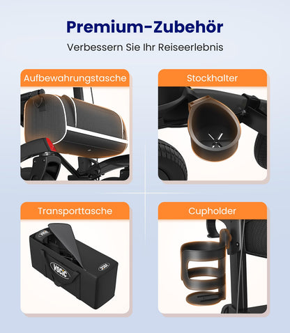 VOCIC Rollator faltbar, leicht mit Sitz, Outdoor Gummi-Bereifung, Aluminium, höhenverstellbar, Schwarz