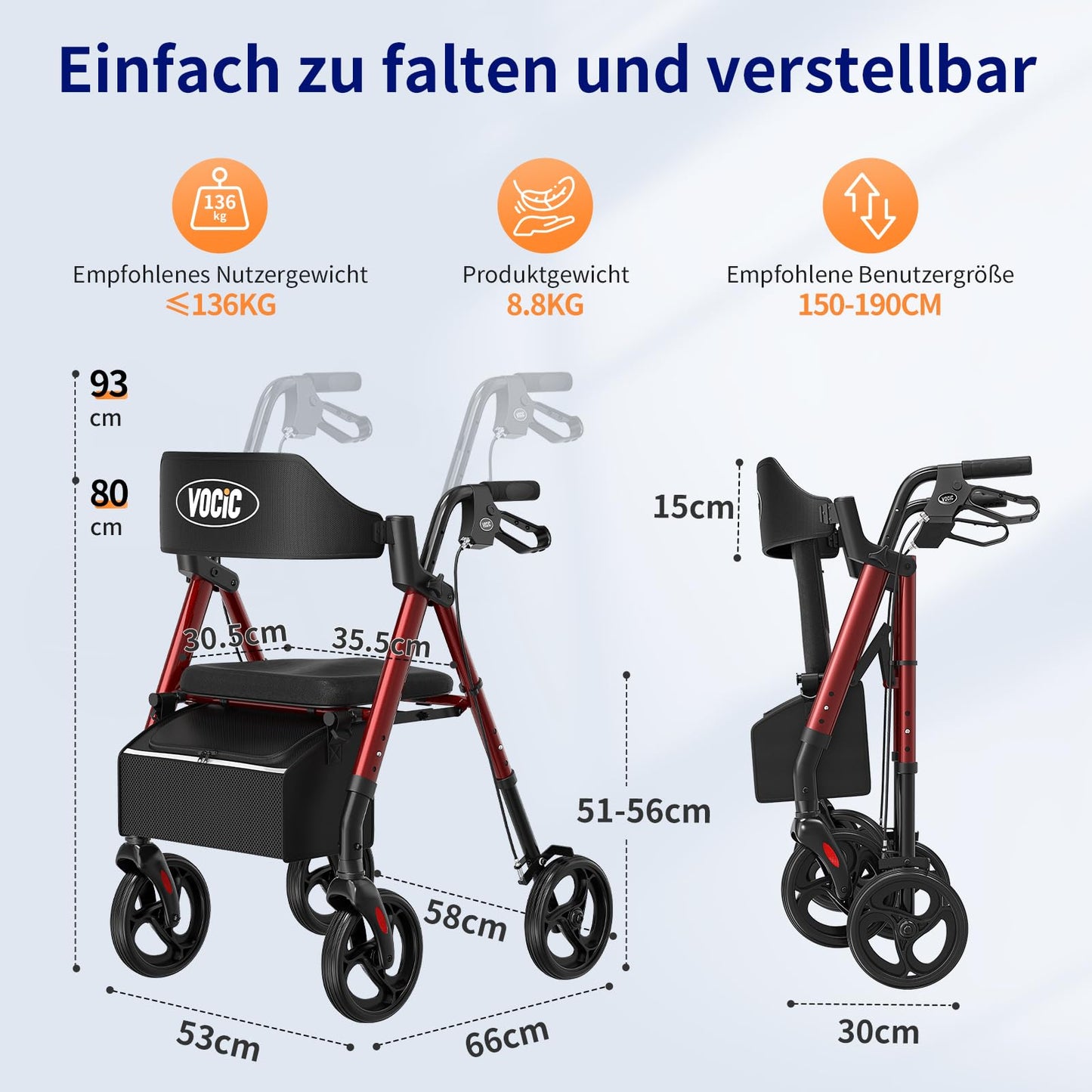 VOCIC Rollator faltbar & leicht mit Sitz, schmal für Wohnung, 20cm Reifen für alle Gelände, höhenverstellbar, Dunkelrot