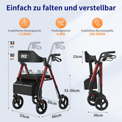 VOCIC Rollator faltbar & leicht mit Sitz, schmal für Wohnung, 20cm Reifen für alle Gelände, höhenverstellbar, Dunkelrot