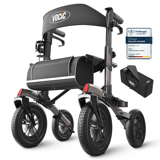 VOCIC Rollator faltbar & leicht mit Sitz, Outdoor Rollator mit Gummi-Bereifung, höhenverstellbar aus Aluminium, Grau