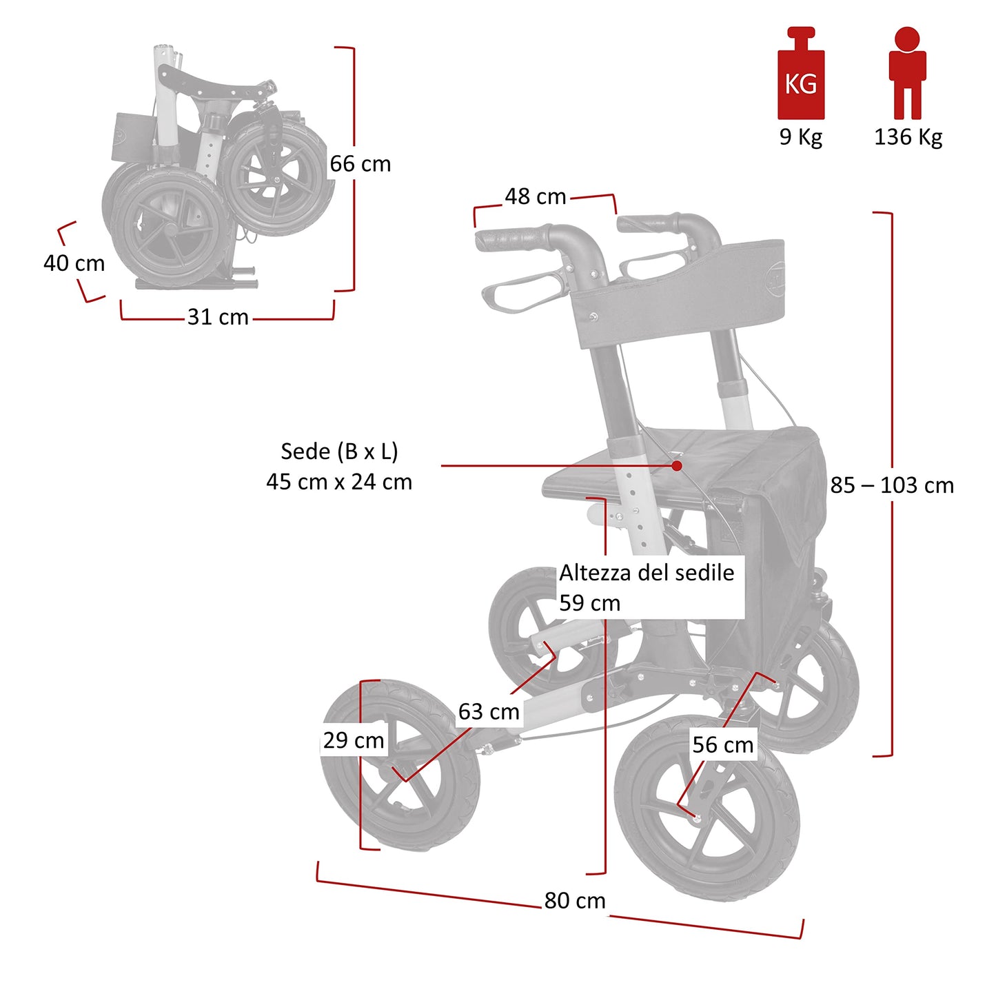 Antar Reise-Rollator mit Luftbereifung, mehrfach faltbar & leicht für Transport, Modell AT51036