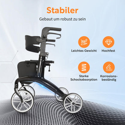 VOCIC Carbon Rollator, faltbar & superleicht (6,4kg) mit Sitz, Rückengurt & Netztasche, Indoor/Outdoor für Senioren, Schwarz