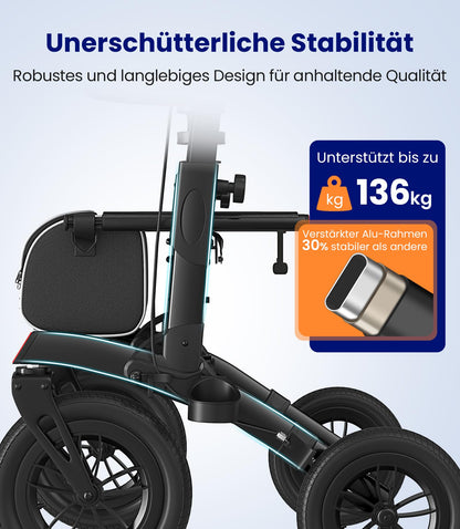 VOCIC Rollator faltbar, leicht mit Sitz, Outdoor Gummi-Bereifung, Aluminium, höhenverstellbar, Schwarz